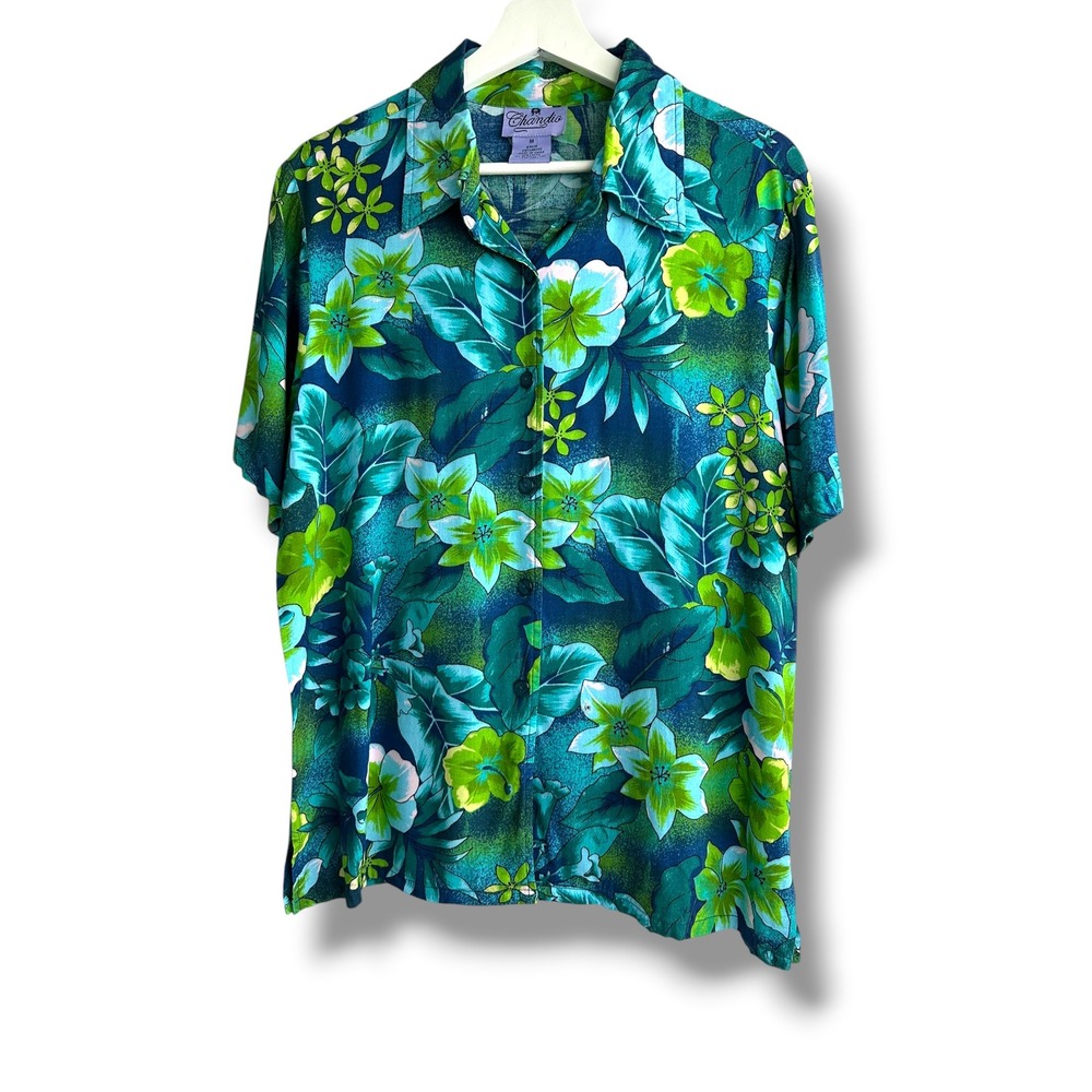 Chandio‎ Womens Medium Teal Green Tropical Floral Short Sleeve Button Shirt